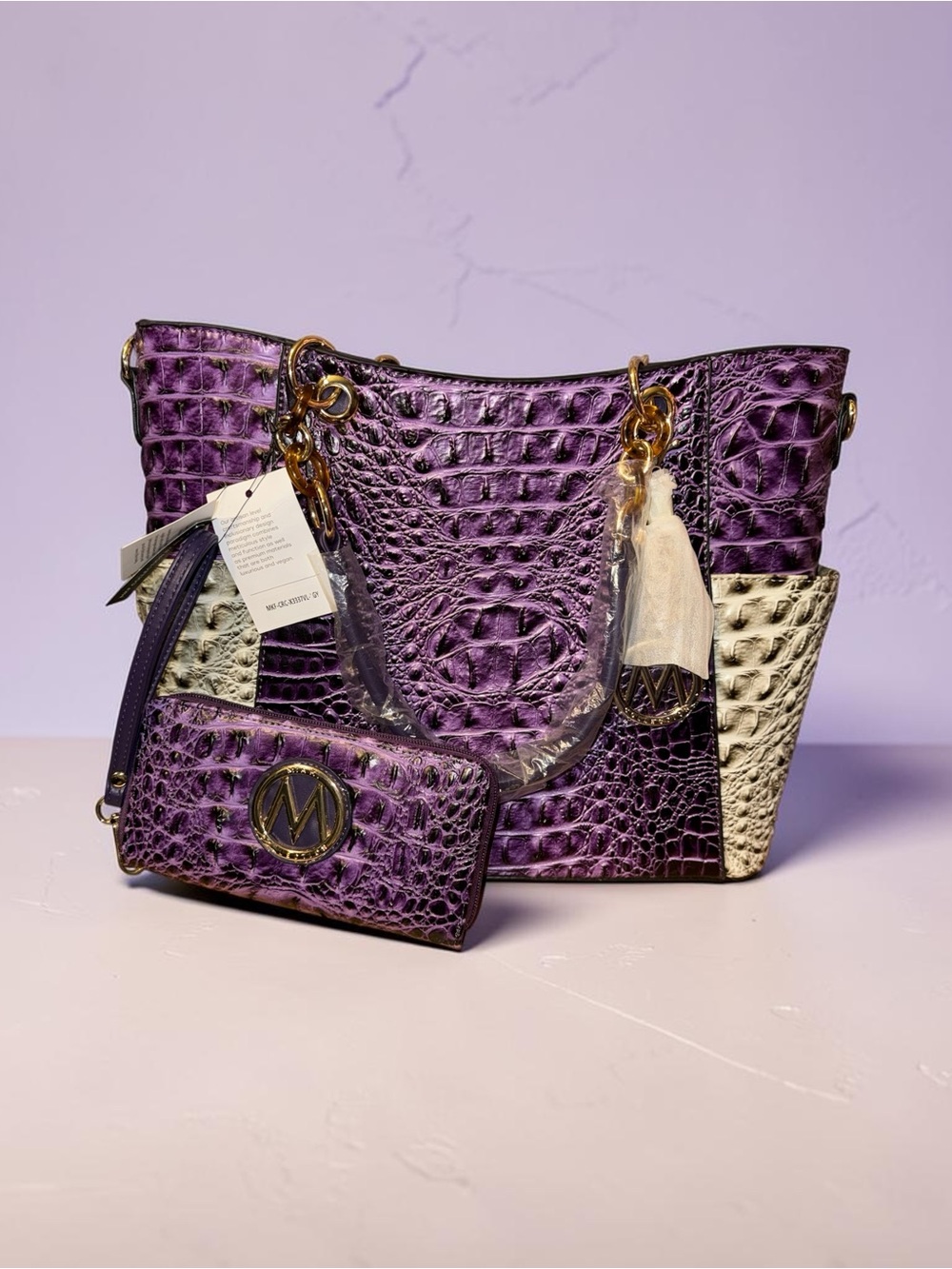 Mia K Collection Purple Croc Embossed Tote & Wallet Set NWT